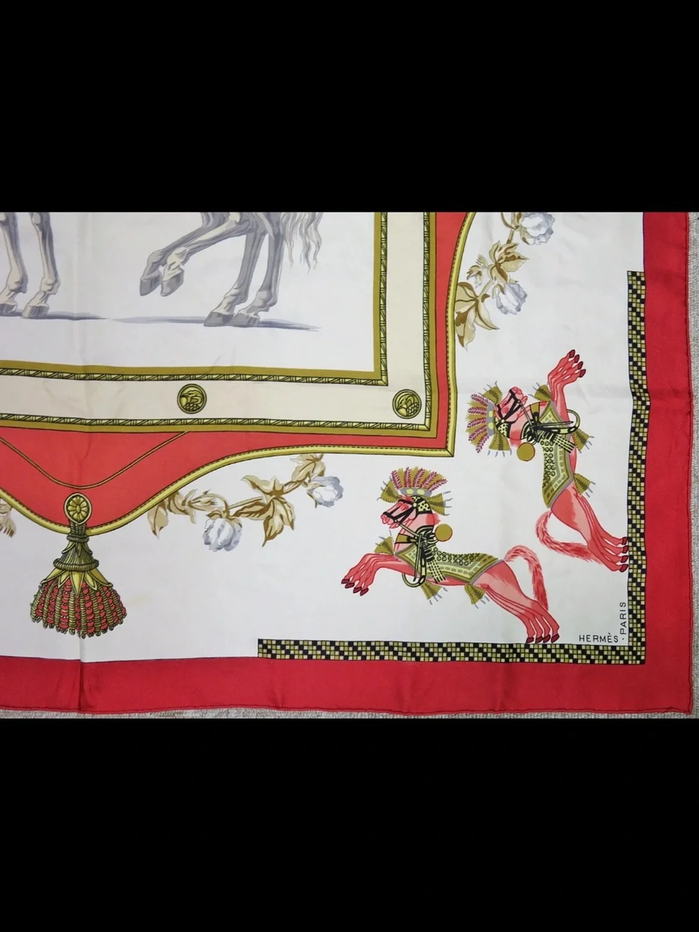 Hermes White Red and Gold Horse Harness Silk Scarf
